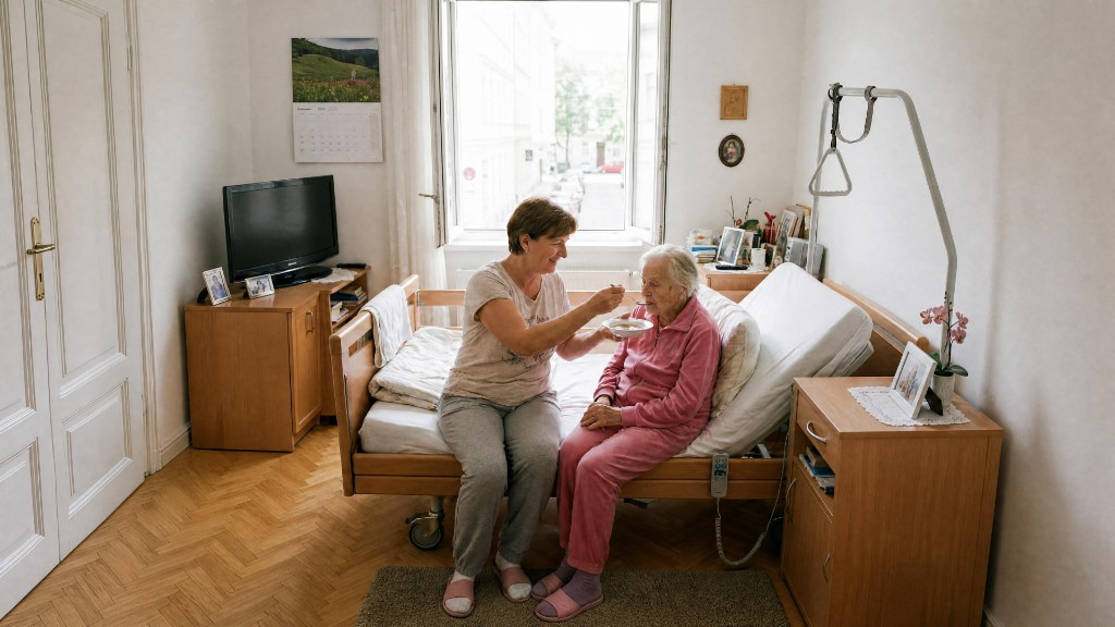 Betreuungskraft unterstützt Seniorin beim Essen im eigenen Zuhause